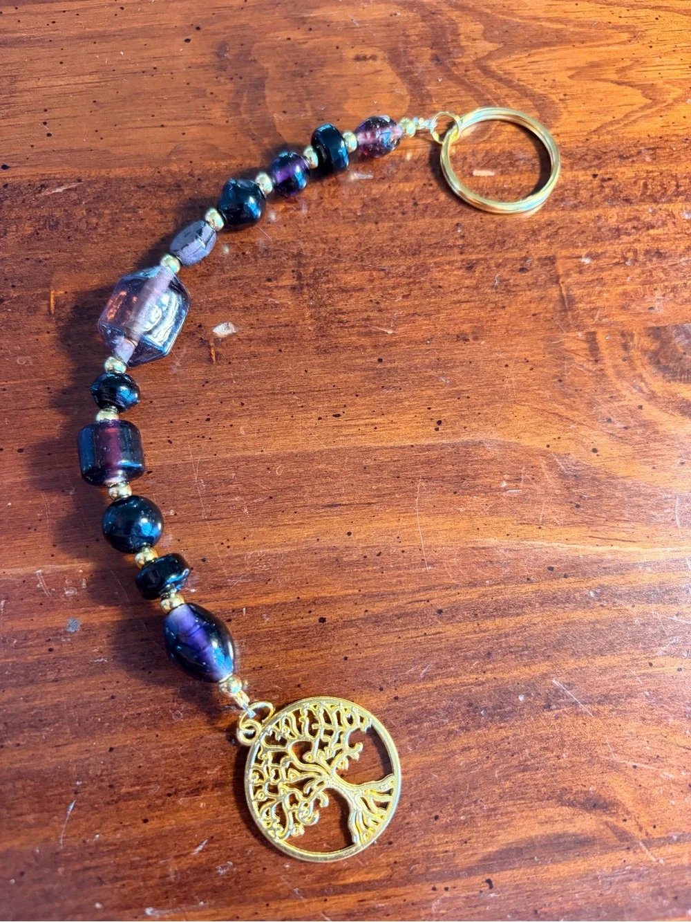 Gold Tree of Life Beaded Keychain with Purple and Black Glass Beads